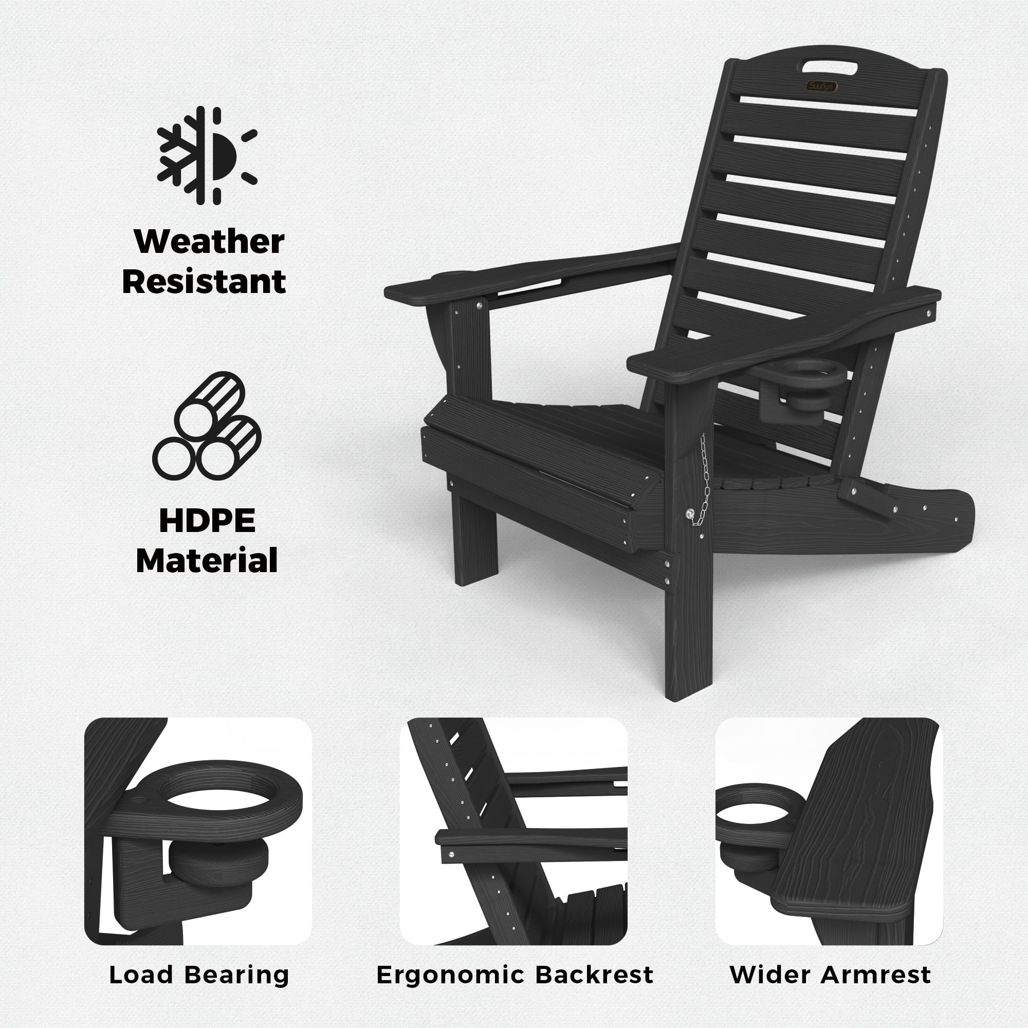 Folding HDPE Adirondack Chair, Weather Resistant Outdoor Fire Pit Patio Chair, Black