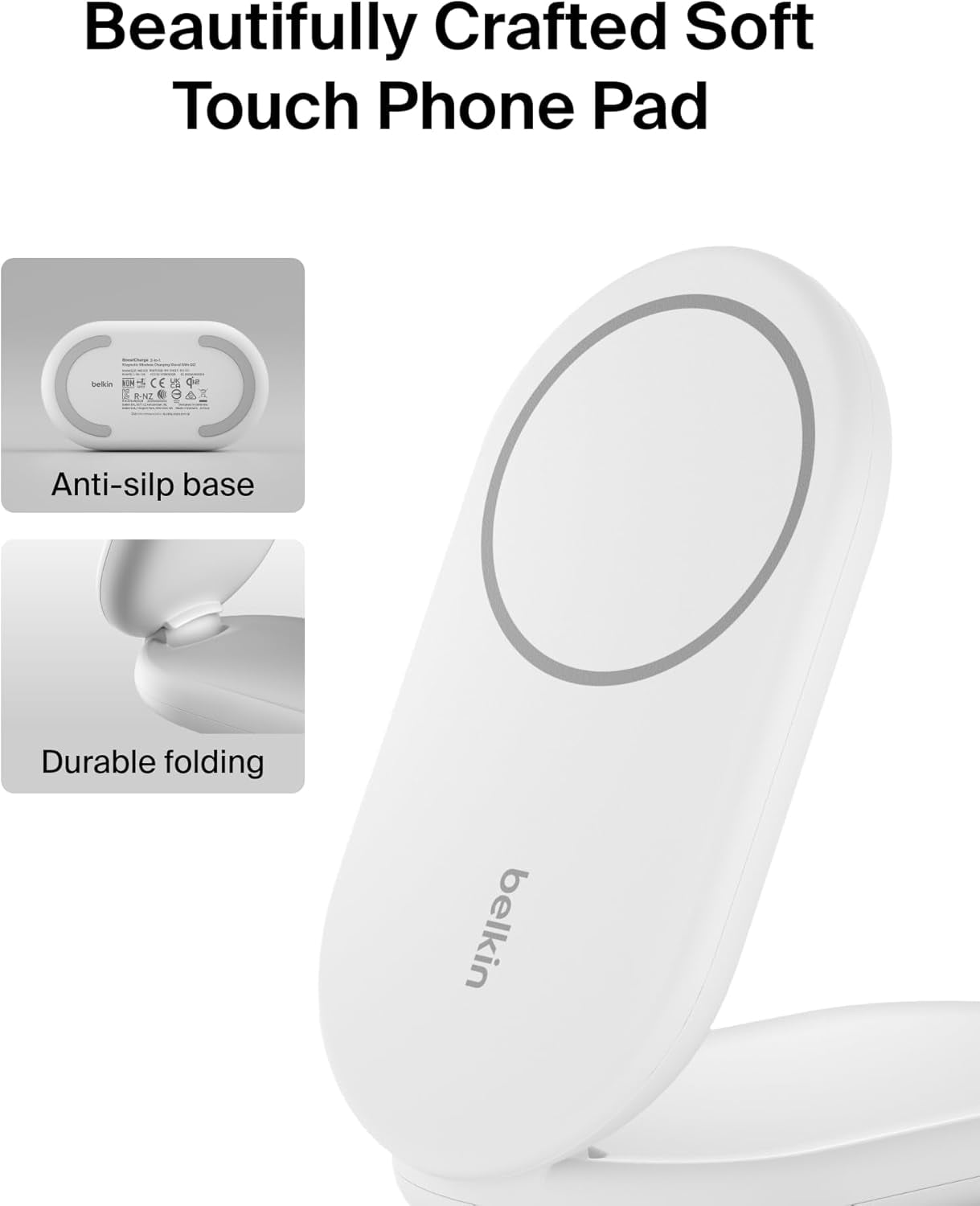 Belkin MagSafe-Compatible iPhone Charger, 2-in-1 Magnetic Foldable Charger 15W - Qi2-Certified Wireless Charger for Apple iPhone 16, iPhone 15 w/Non-Slip Base, PSU Included - White