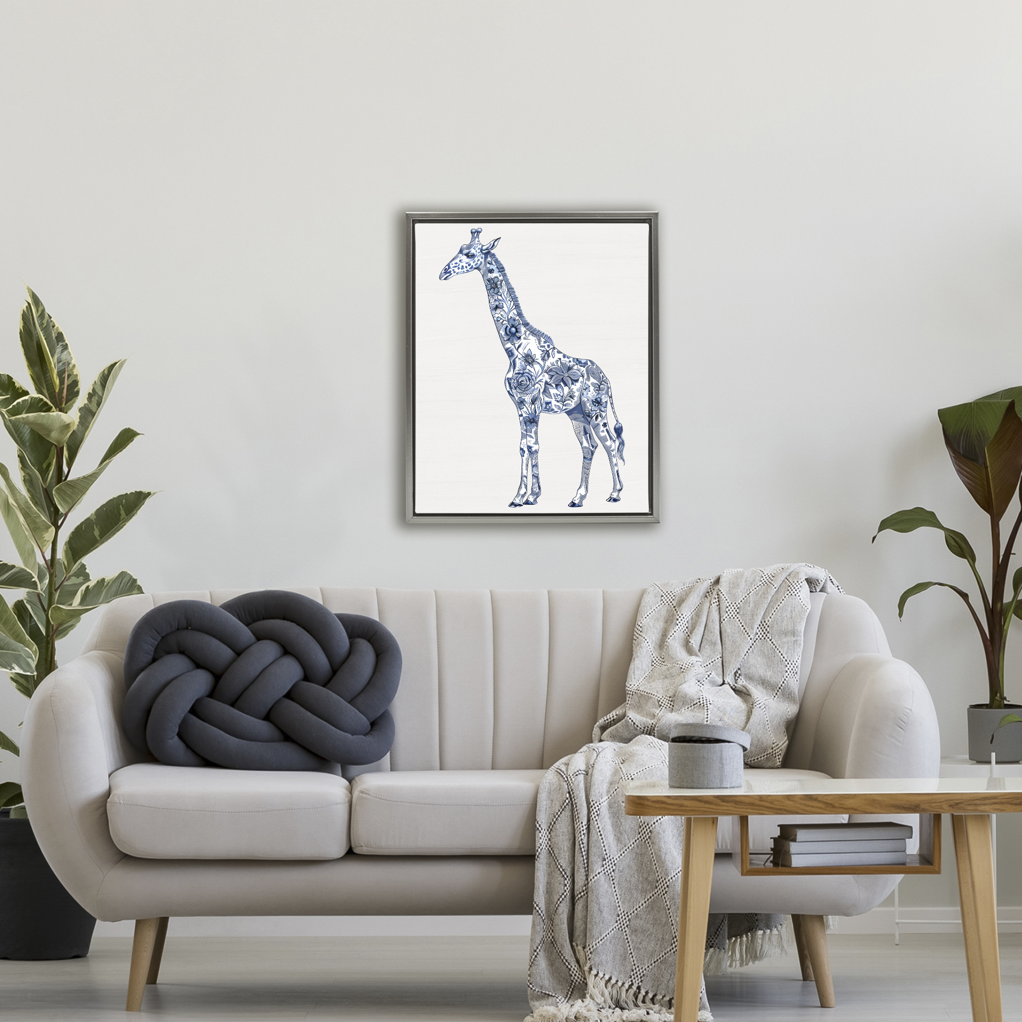 Vintage Toile Giraffe Gray Framed Floater Canvas Wall Art, design by Lettered and Lined