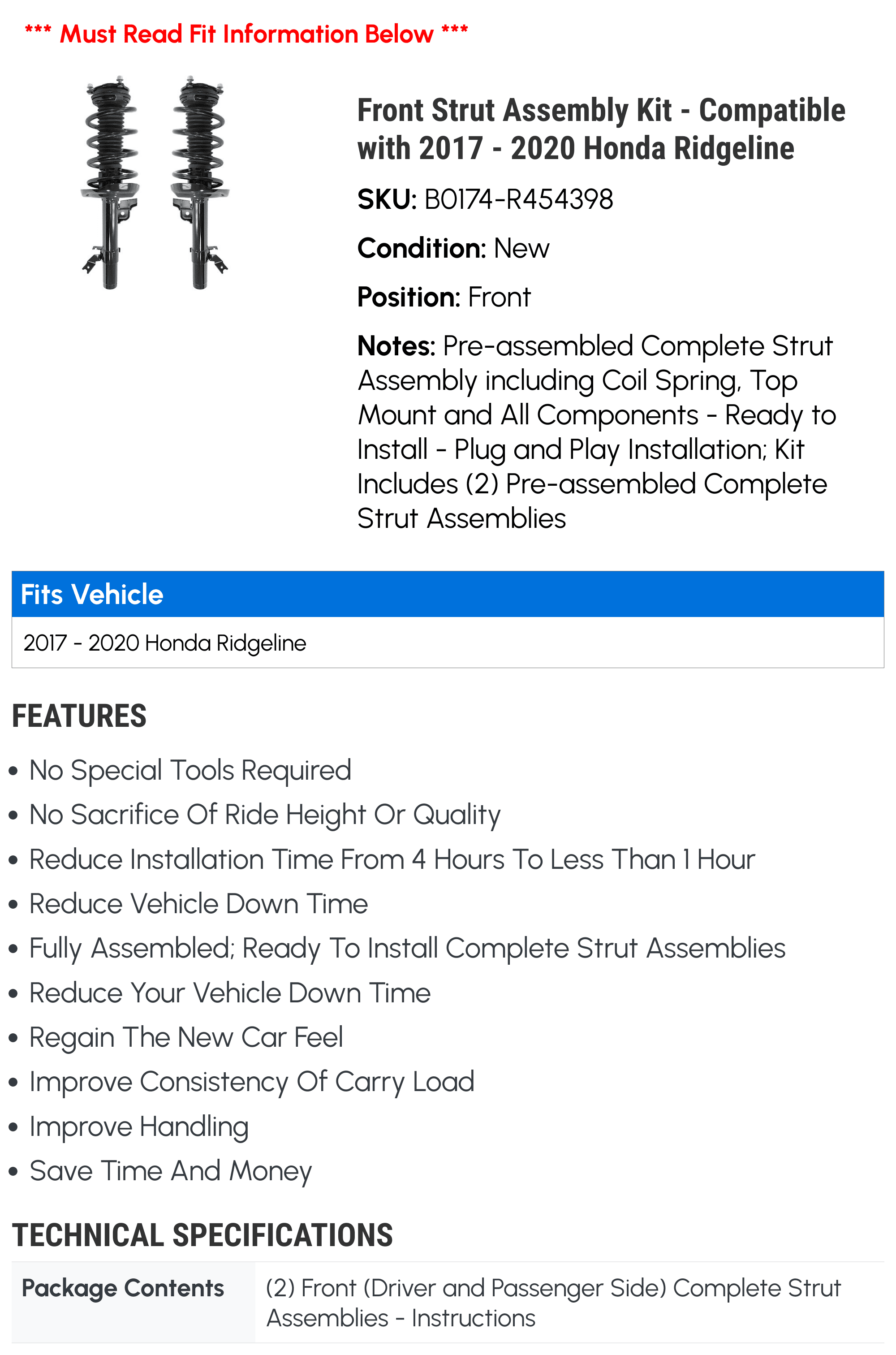 Front Strut Assembly Kit - Compatible with 2017 - 2020 Honda Ridgeline 2018 2019