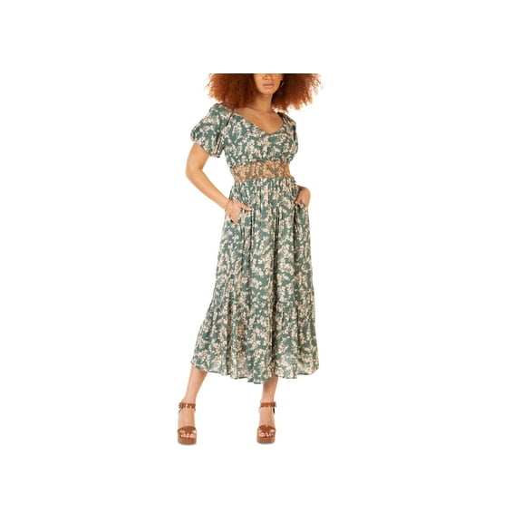 Women's Short-Sleeve Smocked-Waist Tiered Maxi Dress Teal Floral XS