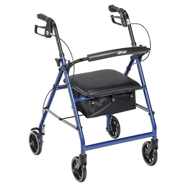 Andador de aluminio Drive Medical, plegable, con respaldo extraíble, asiento acolchado, ruedas de 15 cm, color azul, R726BL