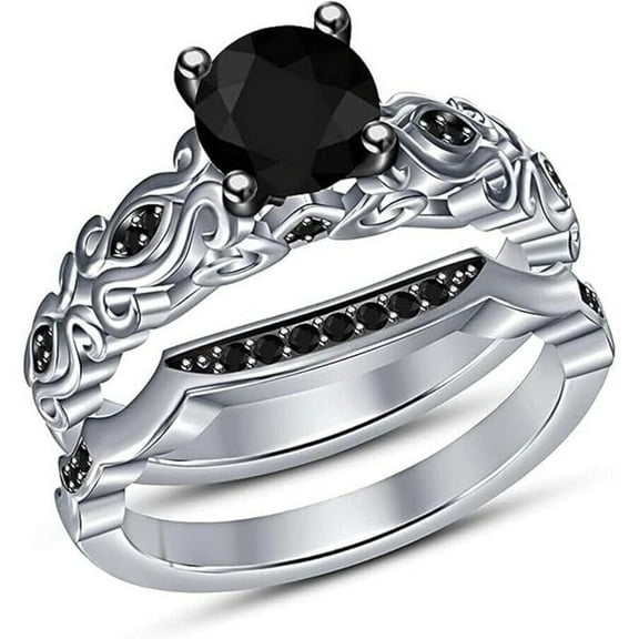925 Sterling Silver 14K White Gold Plated Round Cut Black Diamond Engagement Wedding Bridal Ring Set For Women