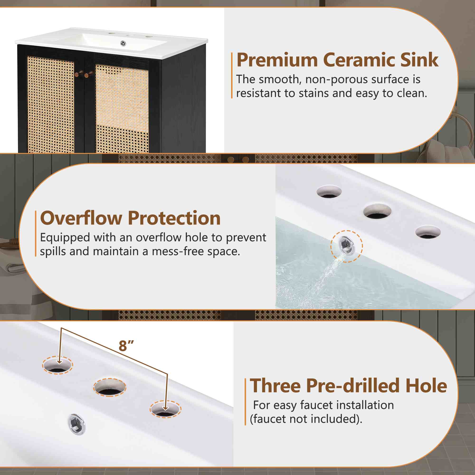viswild 30" Bathroom Vanity with Handwoven Rattan Doors, Soft Close Ceramic Sink, Gold Accents - Solid Bamboo for Small Spaces, Black