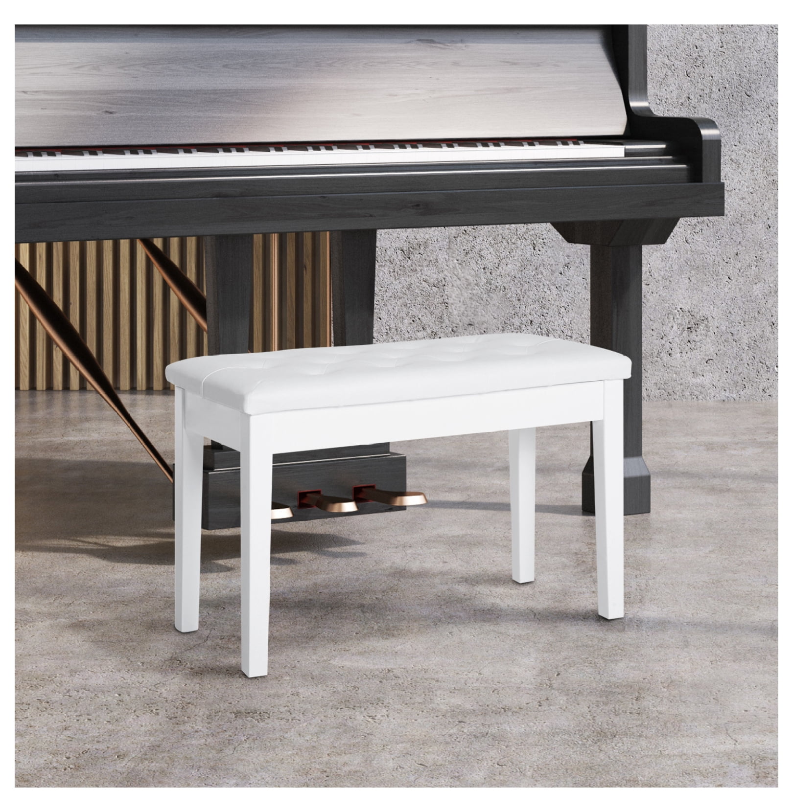 Piano Bench Duet Chair, White Faux Leather Padded Keyboard Bench, Wooden Frame, Button Tufted, for Performance & Lessons