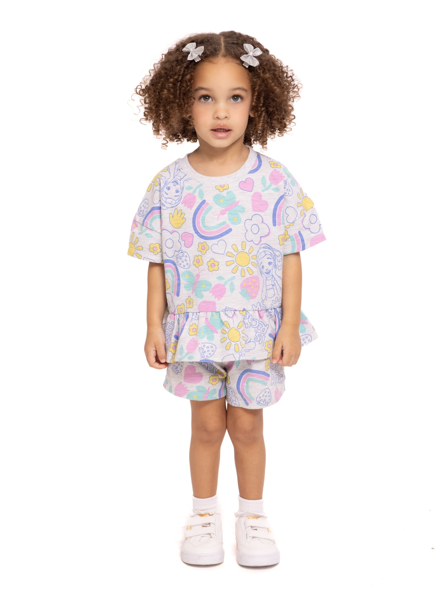 Ms. Rachel Toddler Girls' Short Sleeve Graphic Tee and Matching Ruffle Shorts Set, 2-Piece, Sizes 12M-5T