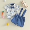 thumbnail image 2 of Toddler Baby Boy Easter Outfit Bunny Truck Short Sleeve Button Down Shirt Romper Suspender Shorts Set 2 Piece, 2 of 6