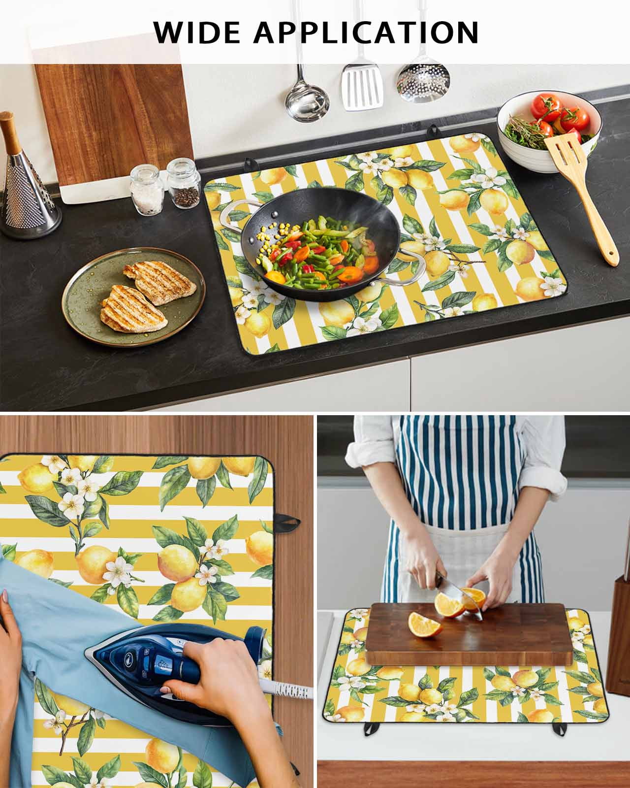 nqOlkjepod Large Induction Cooktop Protector Mat 36"x21", Lemon Leaves Stove Top Covers for Electric Stove, Yellow Vertical Stripes Spring Flowers Stove Burner Cover Mats, Glass Top Stove Cover
