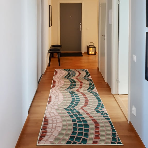 Tiles Decorative Rug, Gradient Colored Mosaic Waves Setting Antique Roman Royal Dated Retro Patterns, Quality Carpet for Bedroom Dorm and Living Room, 6 Sizes, Paprika Rose, by Ambesonne