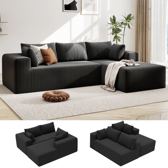105.5 '' L-Shaped Cloud Couch Sectional with Oversized Chaise, Deep Seat Modular Sofa, Corduroy Fabric - Right Facing Chaise/Black