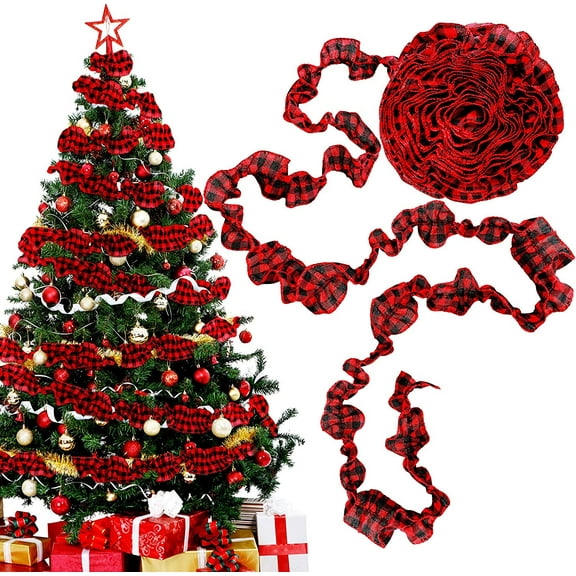 Vorkoi 4 Rolls 9FT Polyester Plaid Christmas Tree Garland, Ruffled Homespun Fabric