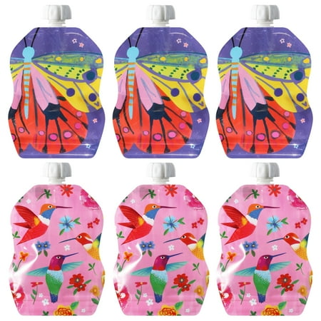 ChooMee Reusable Baby Food Storage Pouches, 8 oz | Ideal for Baby Food, Smoothies and Purees | Secure Double Lock Zipper, Wide Bottom, BPA Free | SnakPack FlutterBug 6 CT