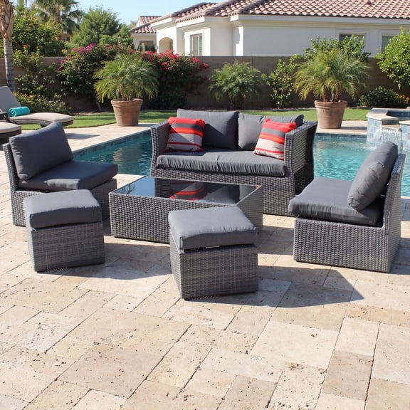 Belle Patio Sunset 6-Piece Wicker Outdoor Patio Furniture Conversation Set with 6 Seats, Tempered Glass Coffee Table & Gray Cushions