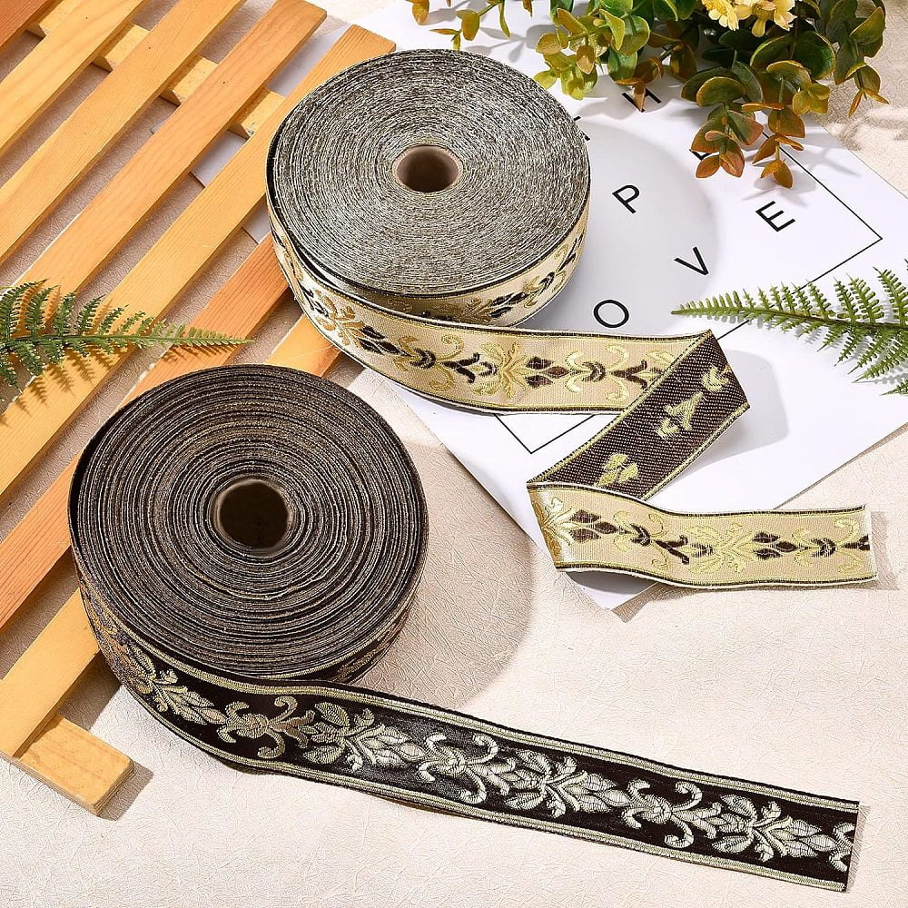27 Yard 1.18 Inch Vintage Jacquard Ribbon Khaki Jacquard Trim Emobridered Woven Trim Gold & Brown Floral Webbing Ribbon