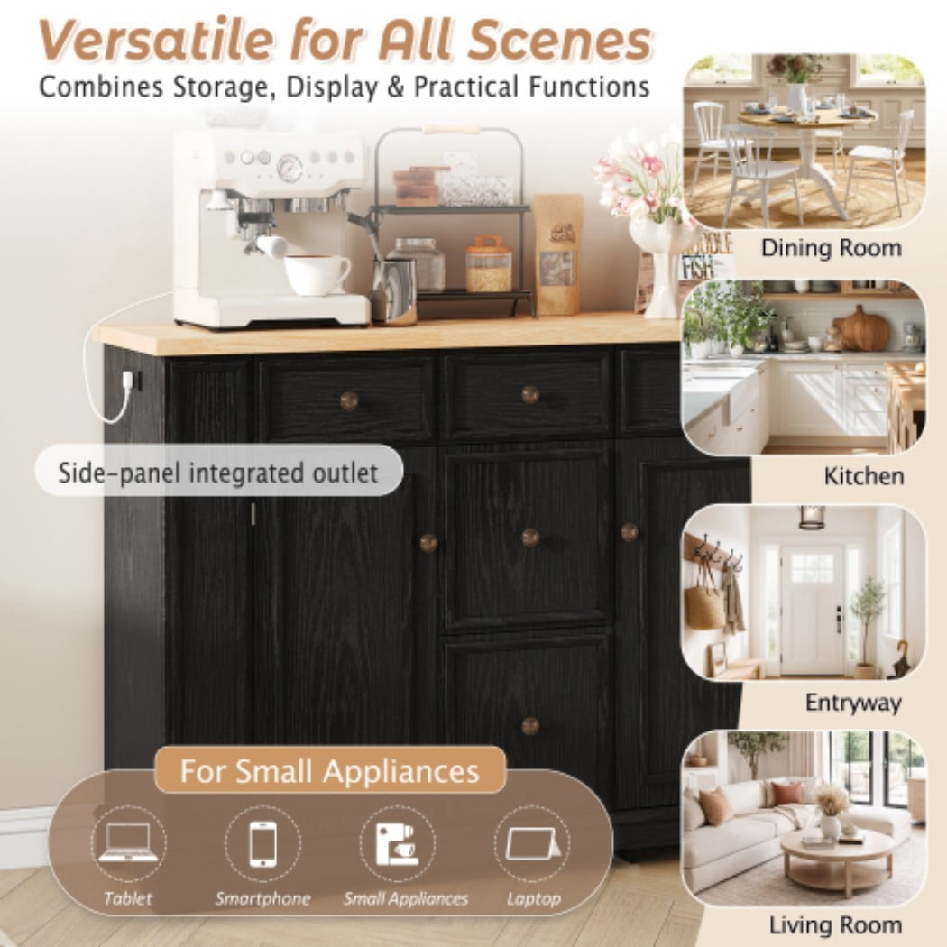 51.2" Farmhouse Sideboard Buffet Cabinet, Storage Cabinet with 5 Drawers, 2 Doors, Adjustable Shelves & Outlet, Console Table for Dining Room, Kitchen & Entryway, Black