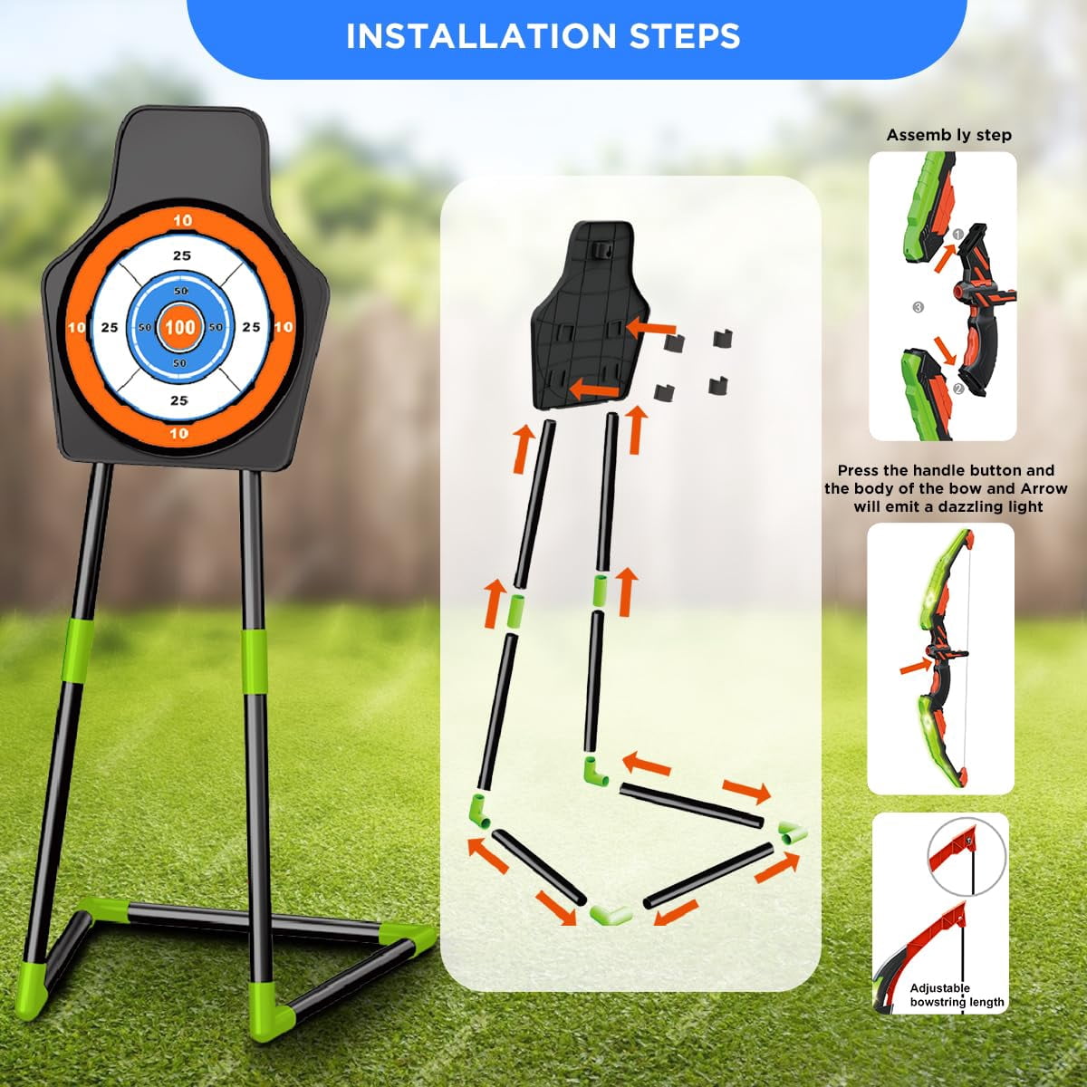 VATOS 2 Pack Bow and Arrow Toy, Light Up Archery Toy with Cup Suction Standing Target & 29 in Dart Board Toys for Kids 5-12 Year