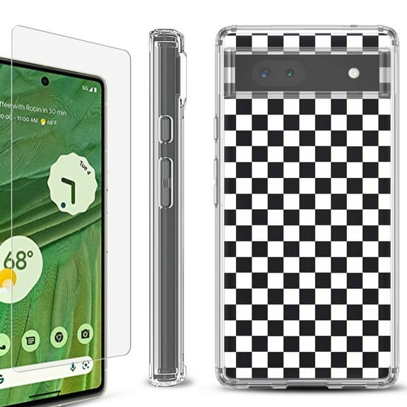 Shockproof Bumper Phone Case for Google Pixel 6a, with Tempered Glass Screen Protector, by OneToughShield ® - Checker B/W