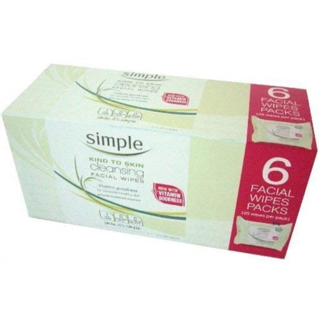 simple cleansing facial wipes (boxed 6 packs x 25 wipes) total 150