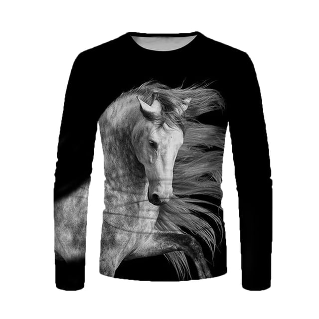 Camisas de Otoño Para Hombres Camiseta de Manga Larga Cuello Redondo Estampado de Caballos En 3D Estampados Gráficos Tops Blusa Informal Odeerbi ODB-4
