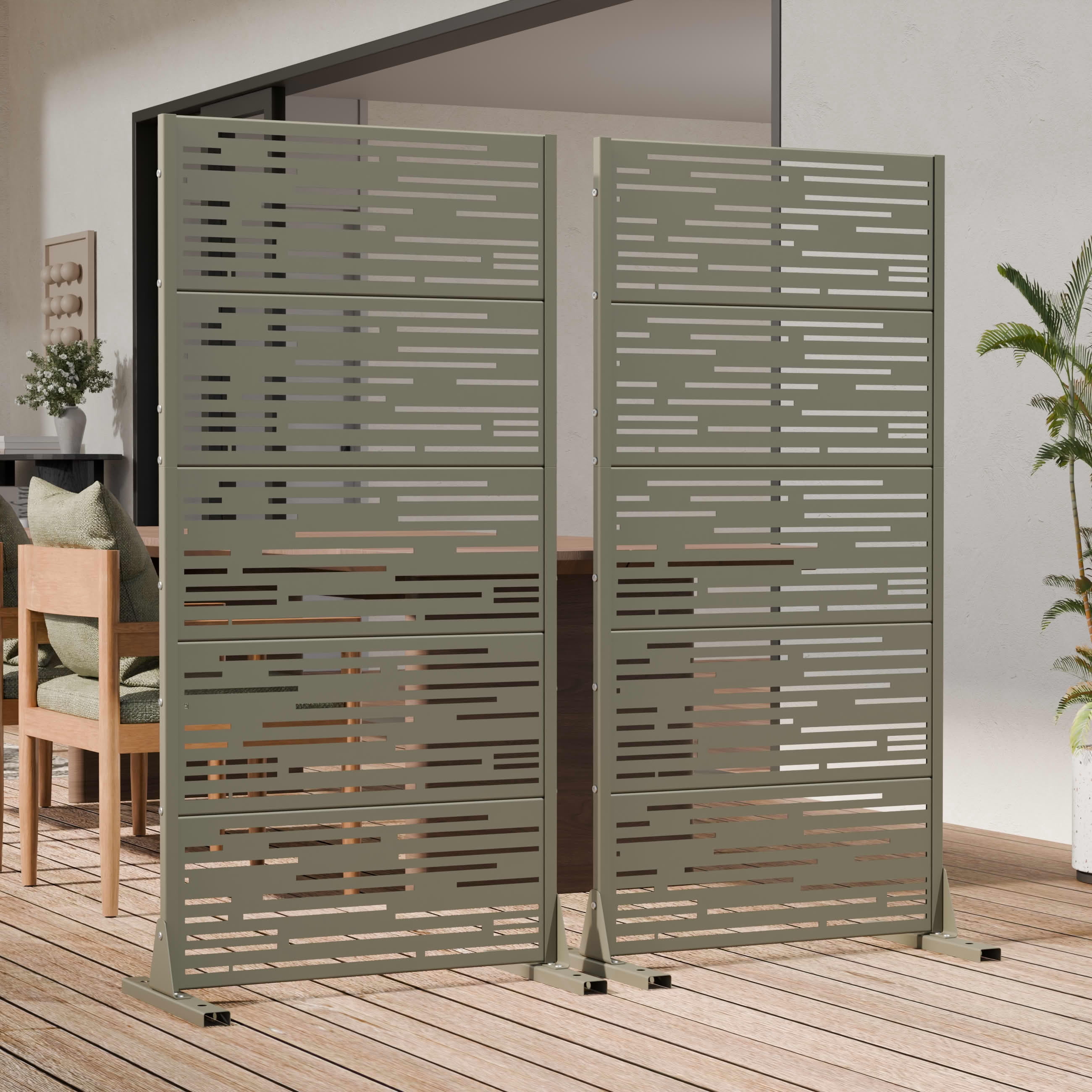 MAYEERTY Outdoor Metal Privacy Screen 5ft Olive Gray, 5-Panel Light & Shadow Pattern, Rust-Resistant for Garden
