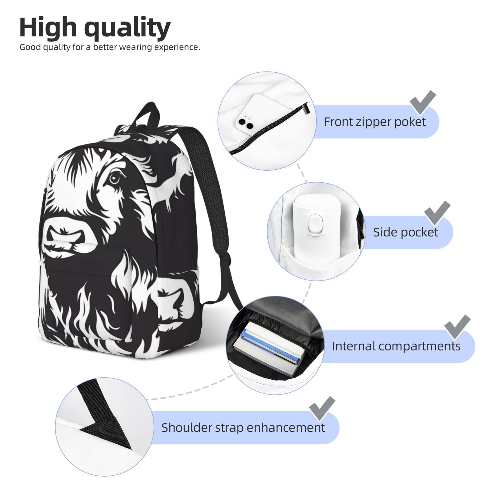 Picia Floral Cow Silhouette Printed Canvas Daypack - Stylish and Durable Vintage Compact Backpack - Class, Work, Travel, or Laptop Bookbag,Organized Compartments-Small