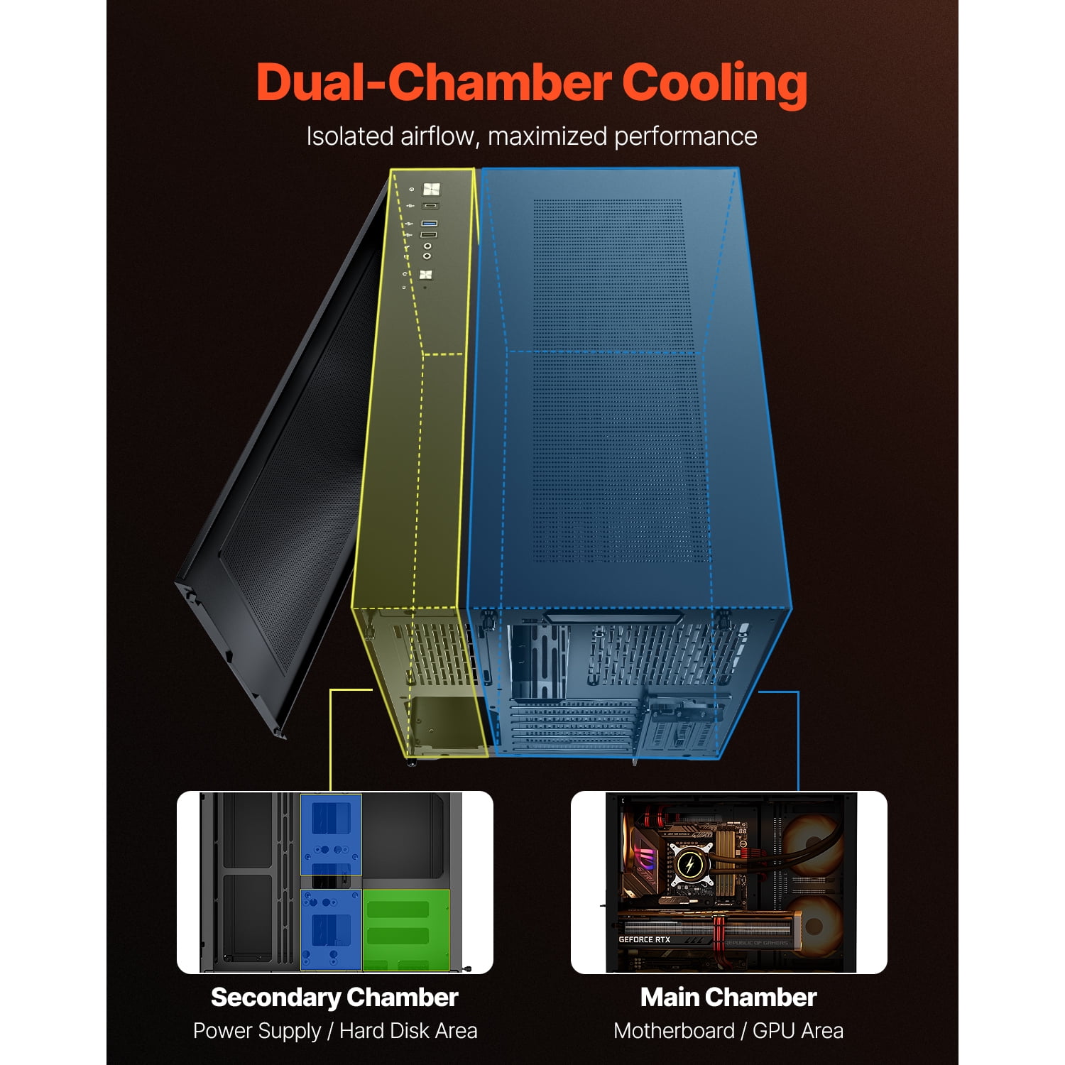 KFFKFF Mid-Tower PC Case, Dual Chamber Design, Gaming Computer Case with Tempered Glass Panels, Magnetic Dust Filter, Cable Management, Supports GPUs up to 410 mm, Compatible with ATX/M-ATX/ITX