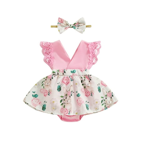 

Bslissey Baby Girls Easter Romper Dress Lace Trim Fly Sleeve V-neck Floral Bunny Print Hem Jumpsuit with Headband Newborn Infant Summer A-line Bodysuit Dress 0-18M