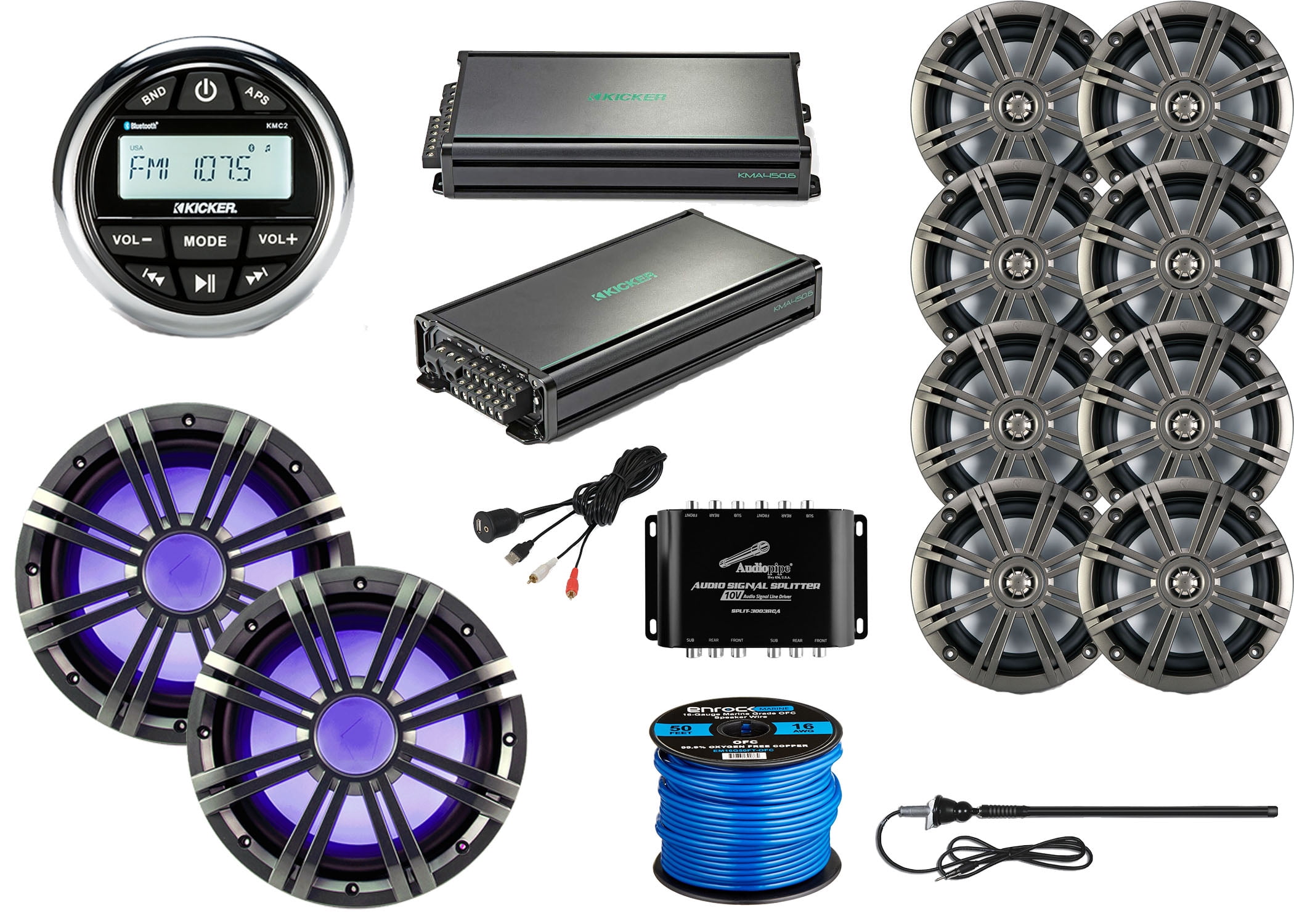 Kicker Gauge Mount Media Center Receiver, 8x 6.5" Marine Coaxial 2Ohm Speakers, 2x 6Channel