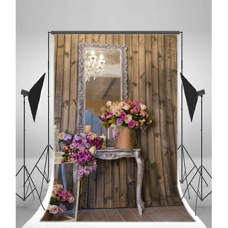 Image of MOHome 5x7ft Dressing Room Backdrop Fancy Rose Flowers Droplight Mirror Rustic Stripes Wood Plank Romantic Interior Photography Background Girls Princess Photo Studio Props
