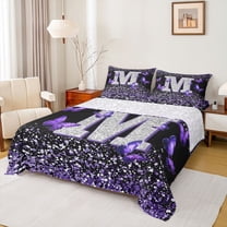 Feelyou Initial M Letter Twin Sheet Sets, Sequin Print Monogrammed Twin Fitted Sheet, Dreamy Purple Butterfly Flat Sheet, Lightweight Room Decor, 3 Pieces