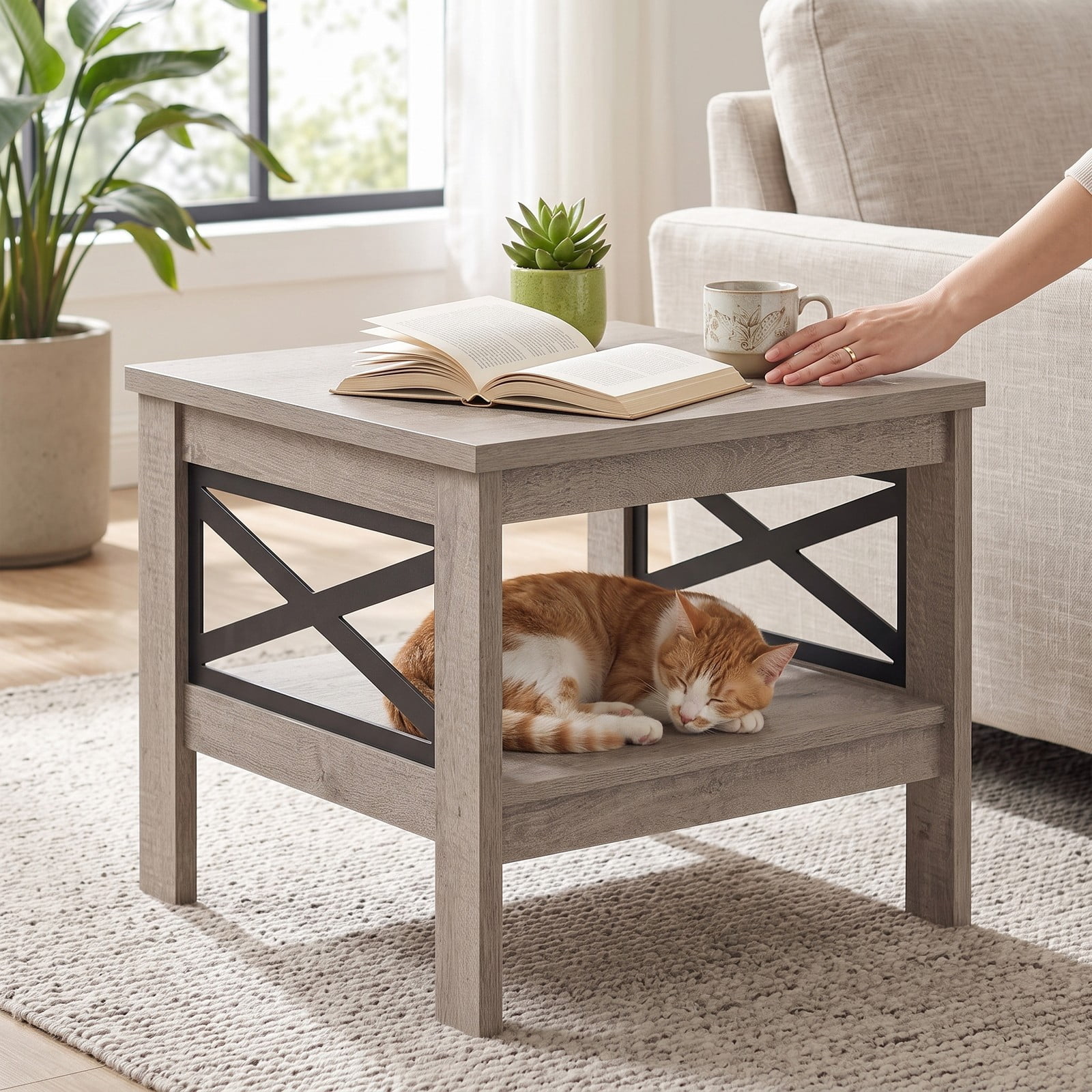 Furnibear 2-Tier Square Side End Table with Storage Shelf and X-Frame, Farmhouse Wood Accent Nightstand Sofa Table for Living Room Bedroom, 220 lbs Capacity, Rustic Oak