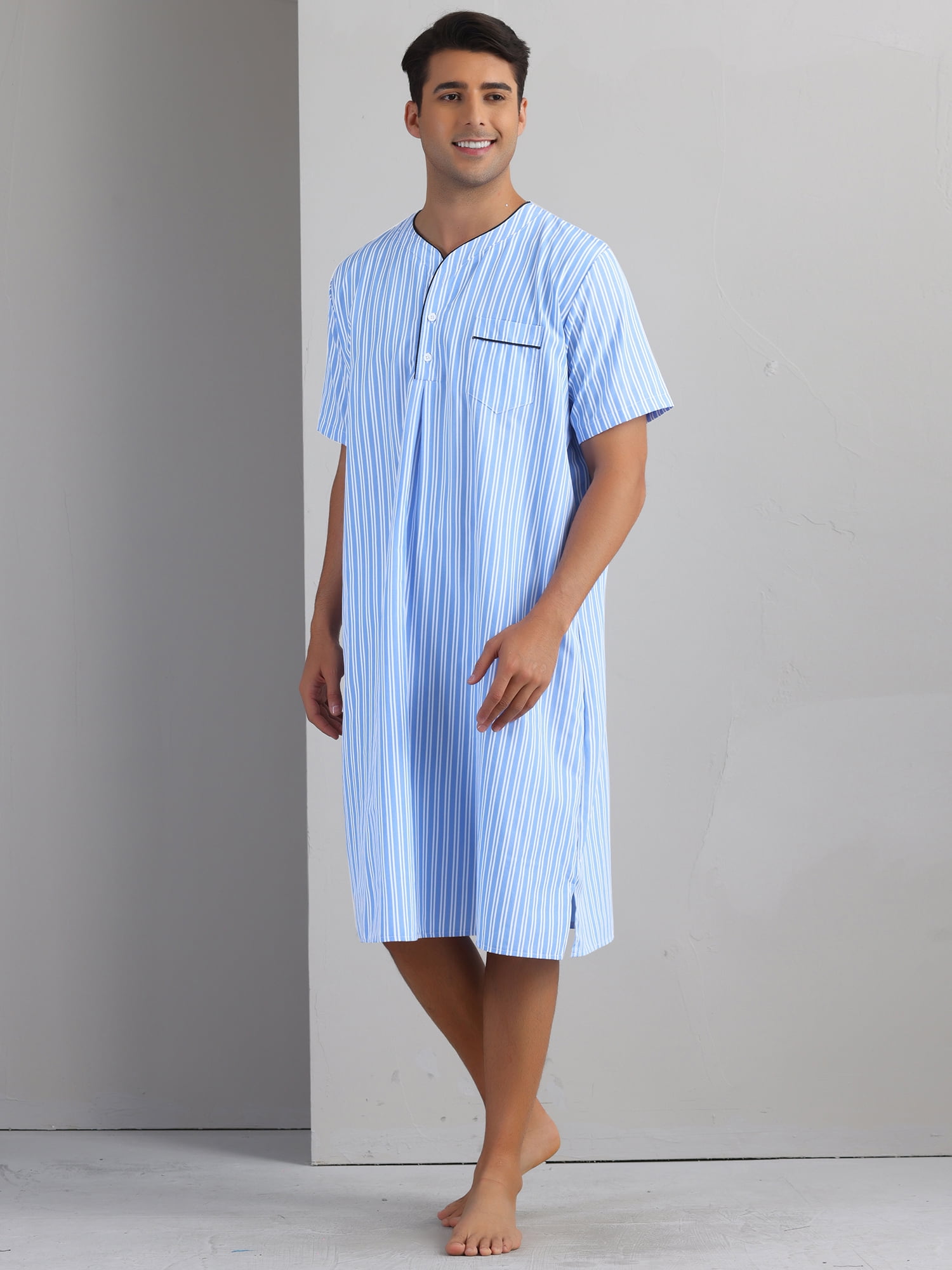 DARING DIVA Men's Short Sleeve Striped V-Neck Button Down Sleep Gown L Light Blue
