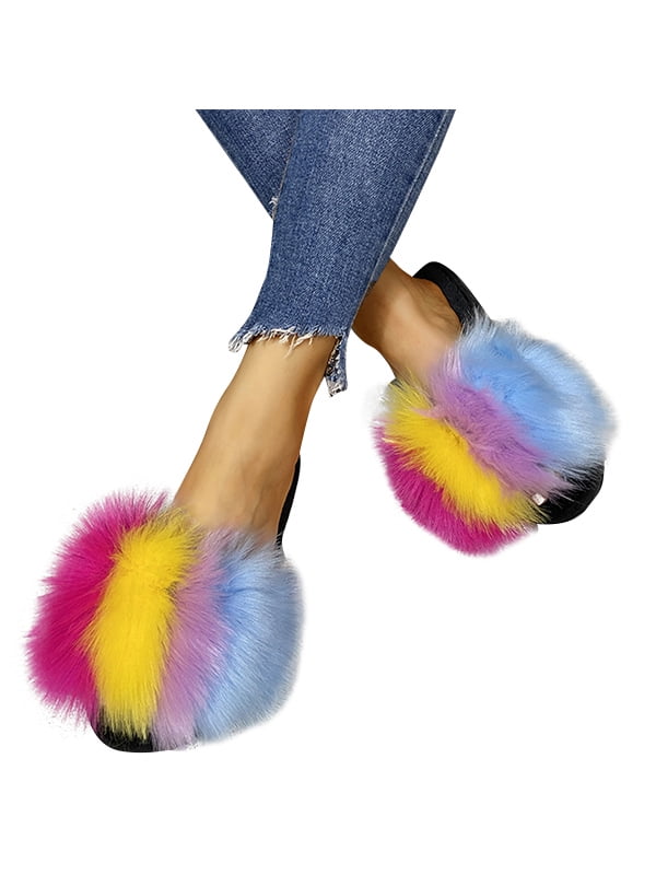 Womens Real Fur Slides Fuzzy Furry Slippers Sliders Slip On Sandals Casual Shoes