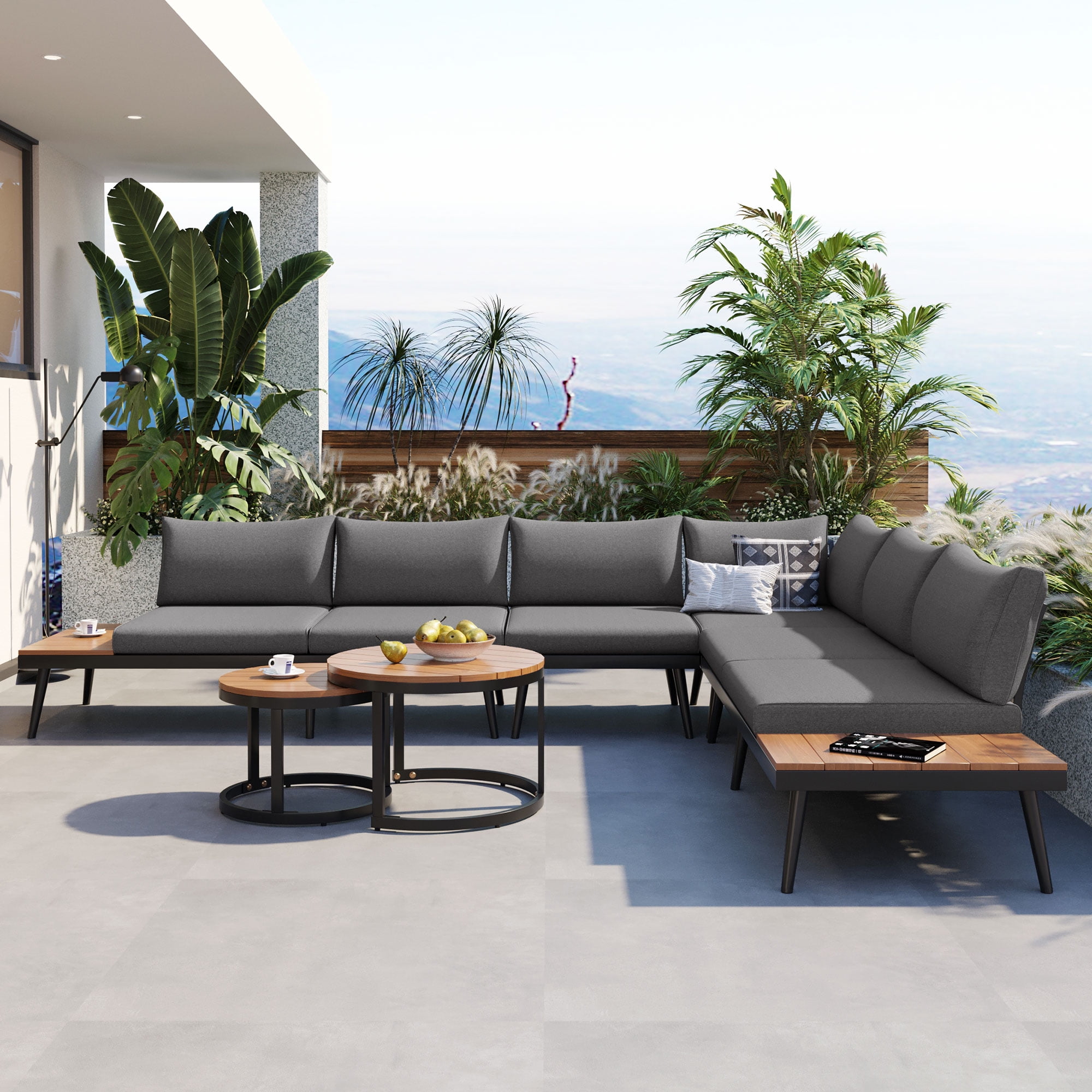 Harper & Bright Designs Metal Outdoor Sectional Furniture L Shape Patio Conversation Sets, 6 Pieces Patio Furniture Sets with Round Nesting Coffee Tables for Garden, Backyard and Porch