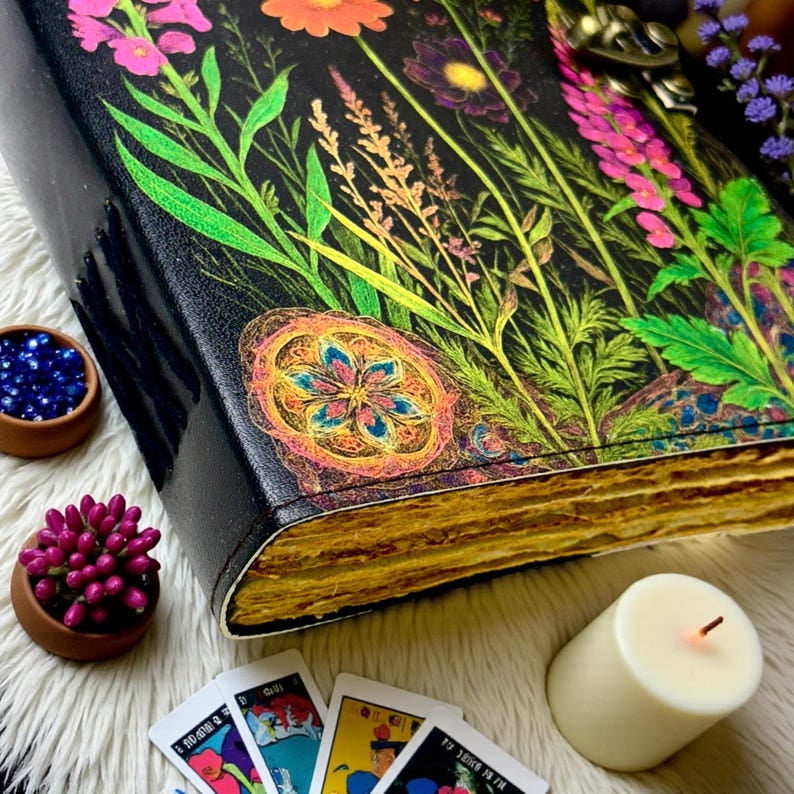 Handmade Leather Journal 5x7 Inches – Floral Moon Botanical Notebook, 200 Deckle-Edge Pages, Vintage Lock, Artisan Writing Diary