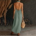 thumbnail image 5 of fheaev Women's Maxi Dress Linen Halter Neck Sleeveless Pleated Backless with Pockets Solid for Vacation Green L, 5 of 6