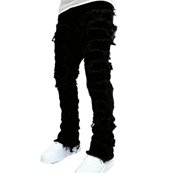 OGLCCG Mens Stacked Jeans Ripped Distressed Destroyed Slim Fit Straight Leg Denim Pants with Pockets Trendy Y2K Skinny Jeans Trouser 6-13 Years