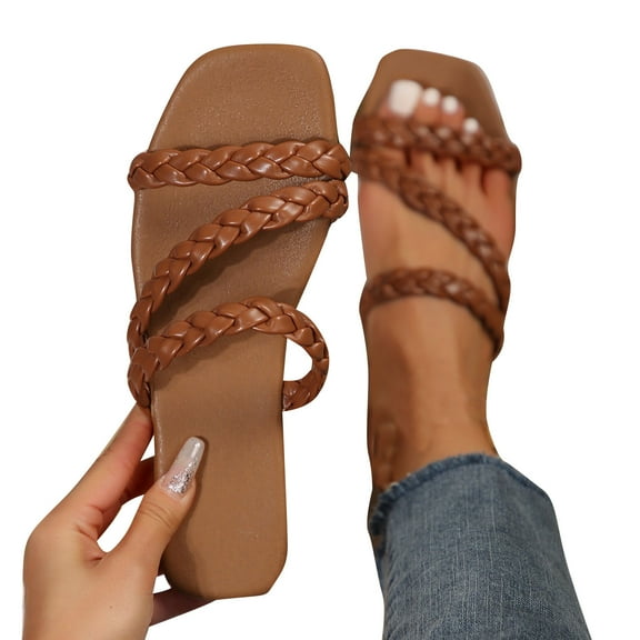 Miluxas Women's Sandals Clearance Casual Braided Dressy Summer Square Toe Quilted Flat Sandals Brown 9.5(43)
