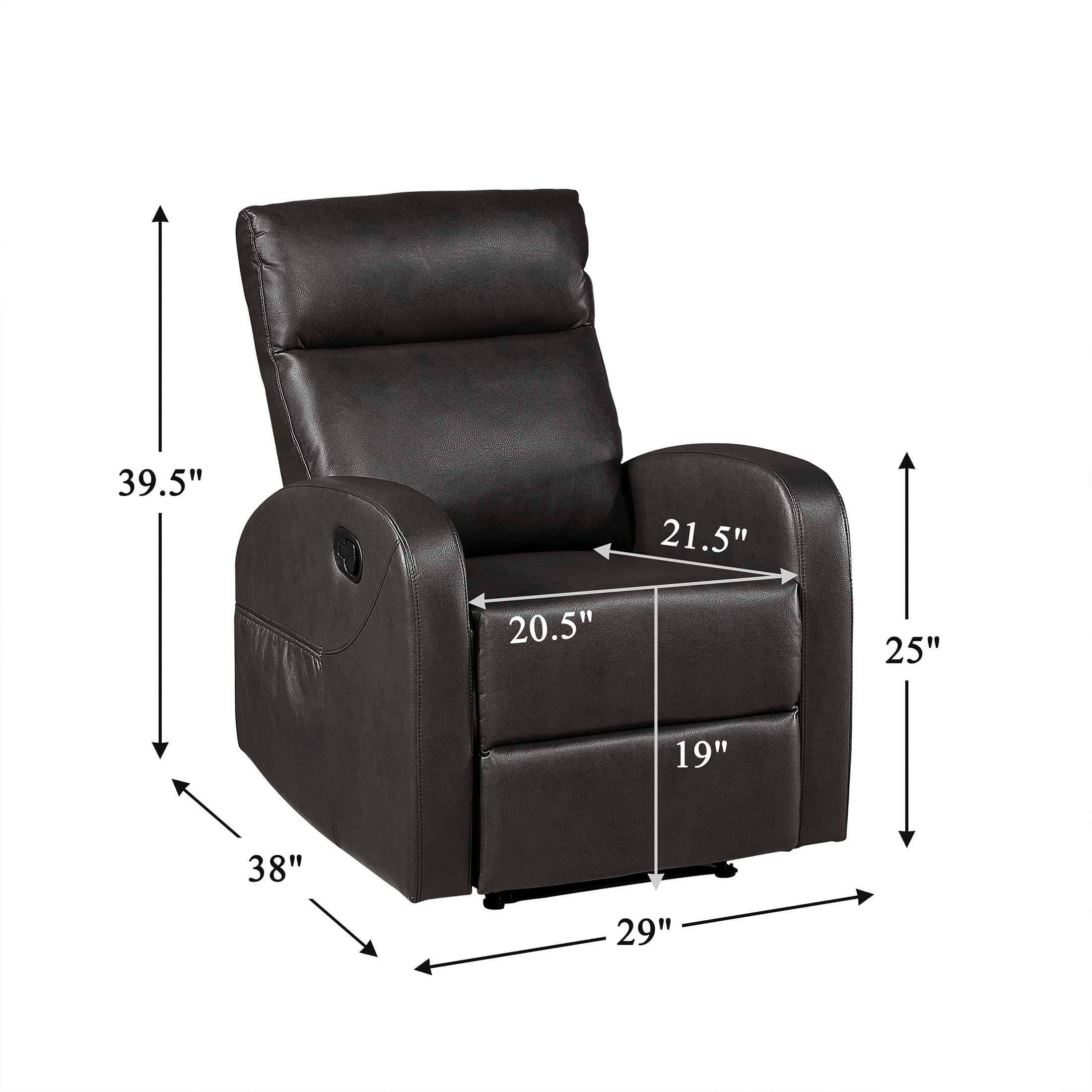 OakvillePark Brava Faux Leather Manual Reclining Chair with Armrest Side Pocket, Espresso