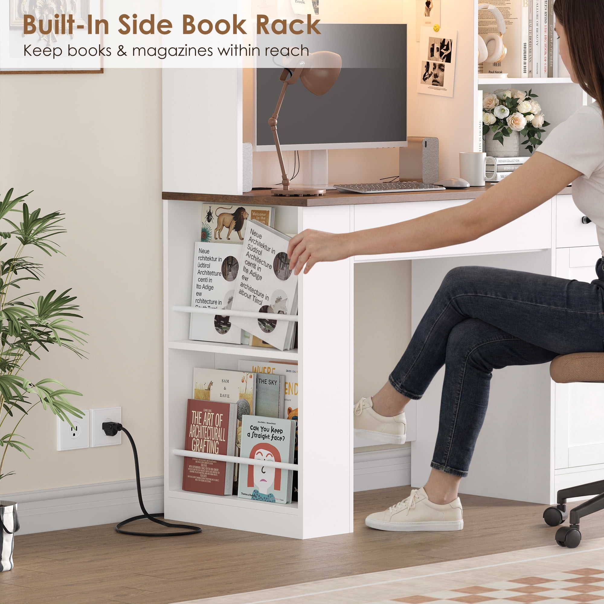 Hiphuta LED Desk with Hutch, Computer Desk with Bookshelves and Charging Station, Study Desk with Storage, White