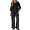 thumbnail image 2 of Bold Monochrome Floral Print Two Piece Set for Women, 3/4 Sleeve Button Down Top & Wide Leg Pants - Casual Lounge Outfit with Geometric Hem Trousers Navy L, 2 of 7