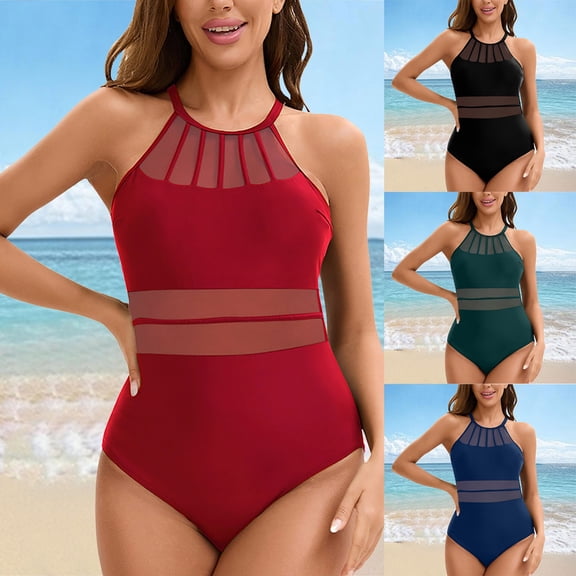TTUHYWXI Women Tummy Control One Piece Swimsuit Modest Bathing Suit Full Coverage High Neck Swimwear (Red, S)