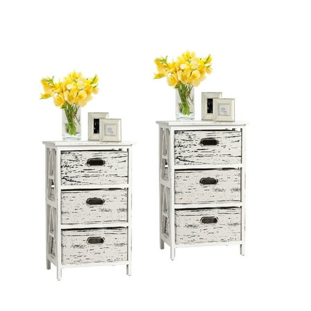 Topbuy 3 Drawer Fabric Vintage End Table Wood Nightstand Set Of 2