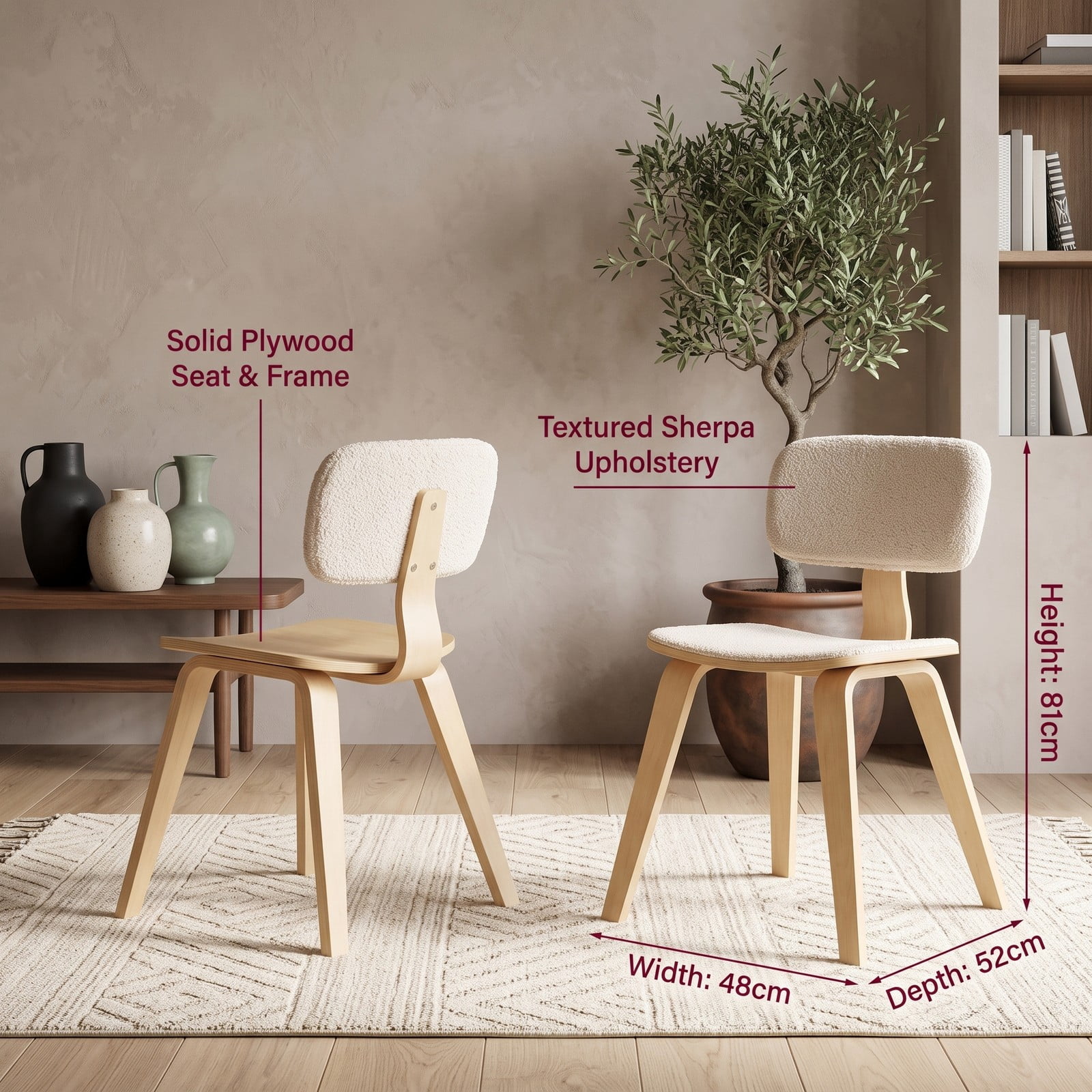 Furnibear Set of 2 Rubber Wood Dining Chairs with Teddy Velvet Padded Backrest, Upholstered Kitchen Side Chairs with Curved Back and Contoured Seat for Home, Natural