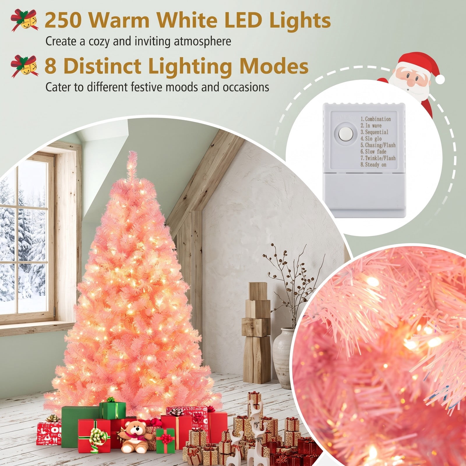 RUIE 6ft Pre-Lit Tinsel Christmas Tree, Artificial Xmas Tree with 250 Warm White LED Lights, 688 Lush Branch Tips, 8 Lighting Modes, Metal Base Holiday Decoration, Pink