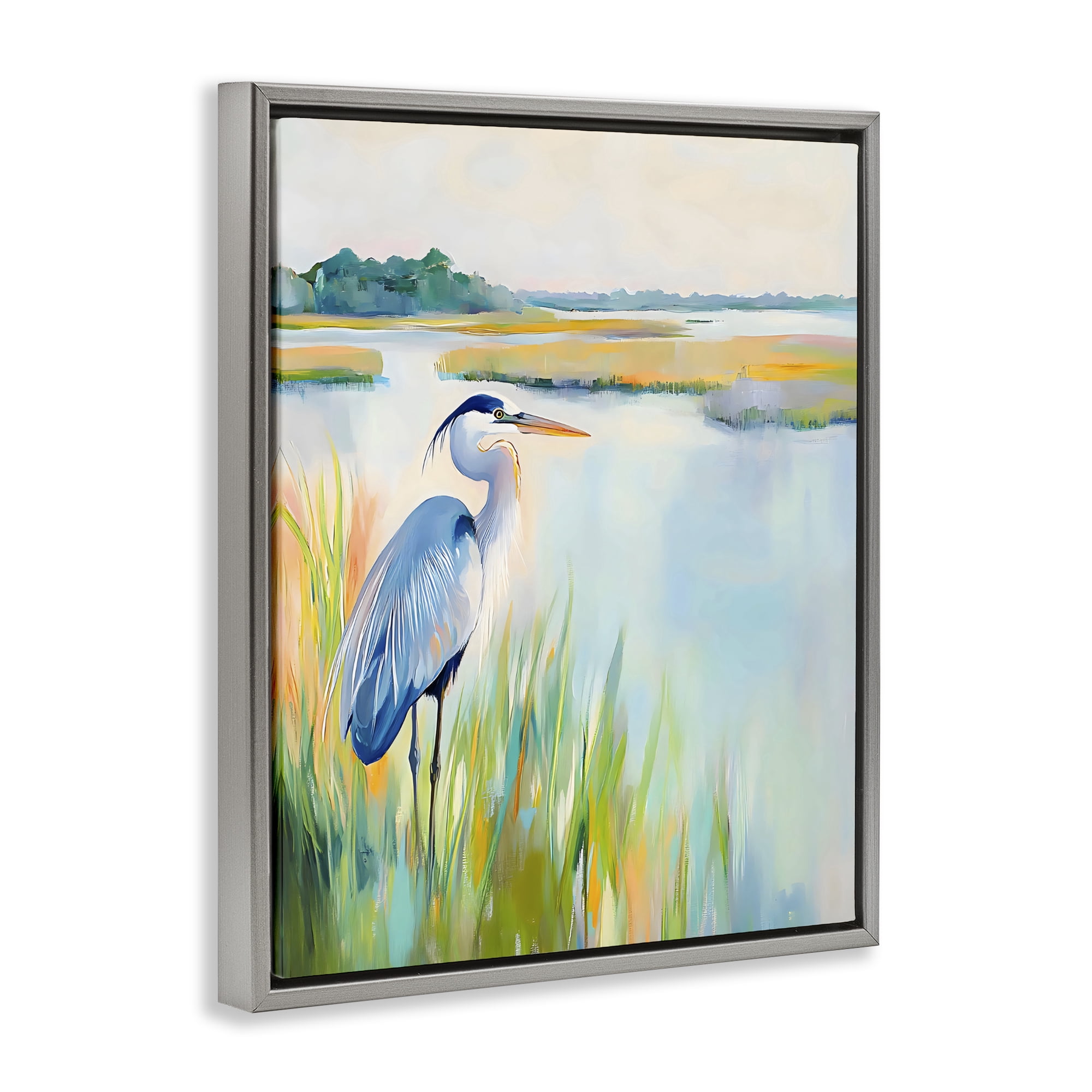 Stupell Industries Heron Perched in the Grass Gray Framed Floater Canvas Wall Art, design by Creative Studio