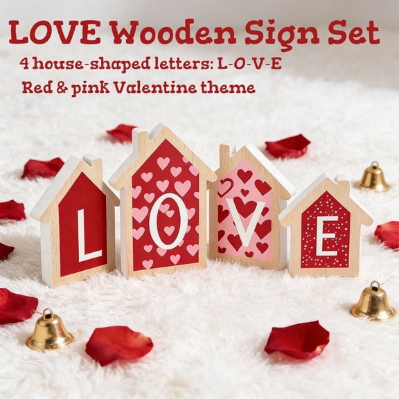 LOVE Valentine's Day Decor - Wood House Shape Sign Set for Tiered Trays,Shelves,and Tabletop Displays,4 Pcs