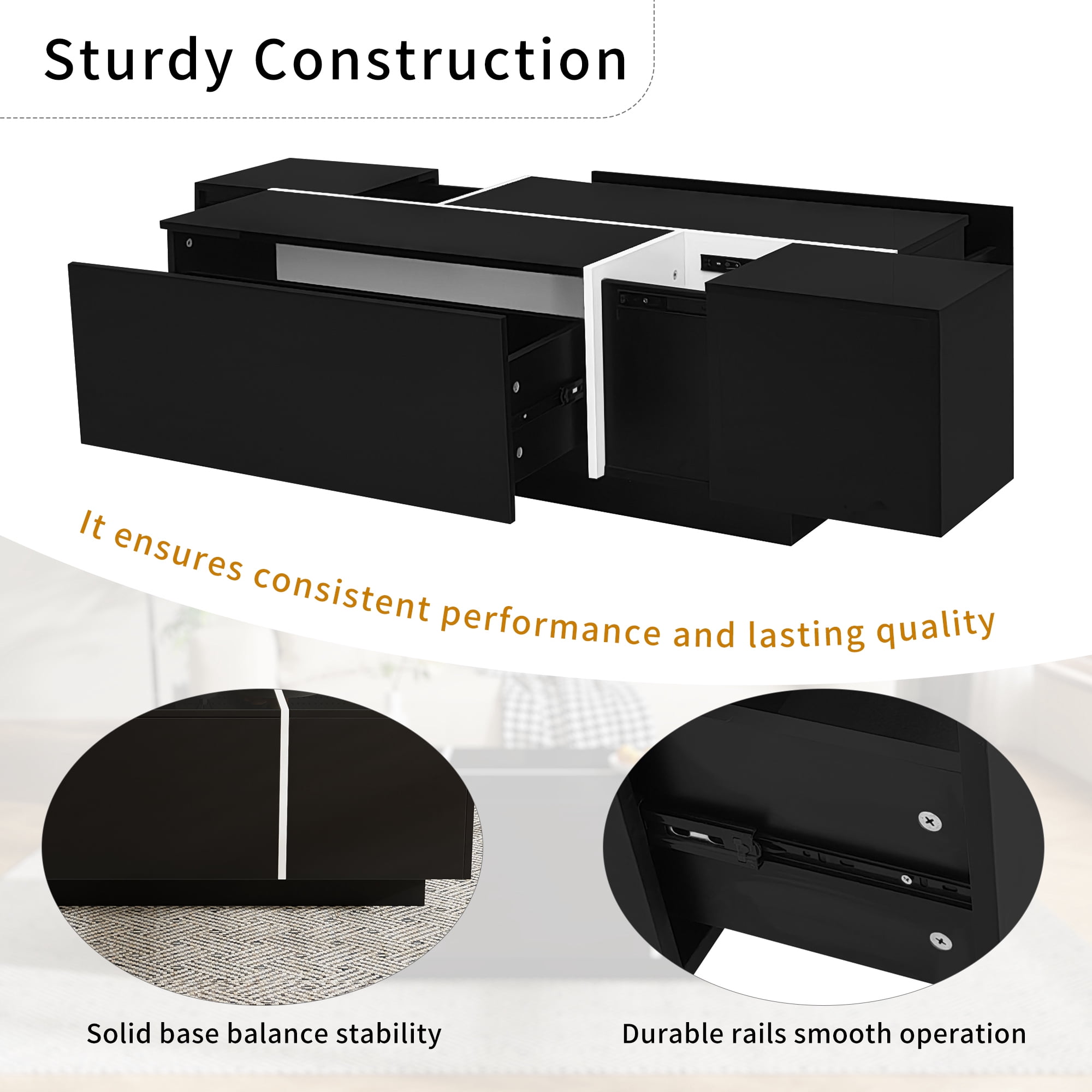 Extendable Coffee Table with 2 Hidden Storage Space and 2 Drawers,Modern Multi-Functional Coffee Table with High-Gloss Finish for Living Room,Black