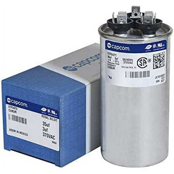 GE Genteq Capacitor round 35/3 uf MFD 370 volt 97F9472 (replaces old GE# 97F9472BZ2 & Z97F9472), 35   3 MFD at 370 volts
