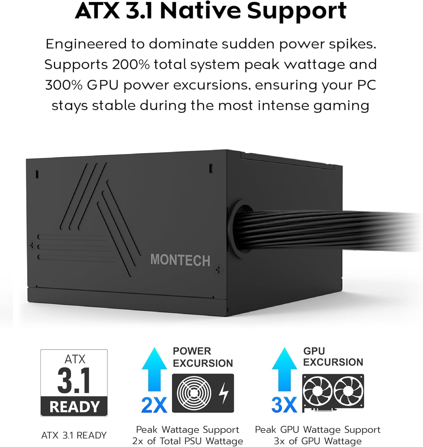 MONTECH BETA 2 550W Power Supply, ATX 3.1 Ready, 80+ Bronze Certified, DC-to-DC Stability, Industrial Japanese Main Capacitor, Full Protection Suite